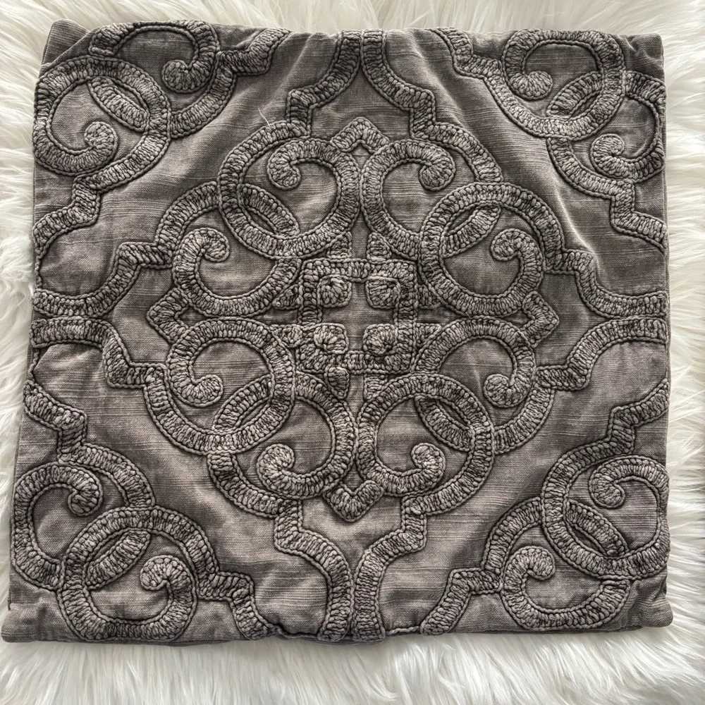 POTTERY BARN DREW Embroidered Gray Pillow Cover